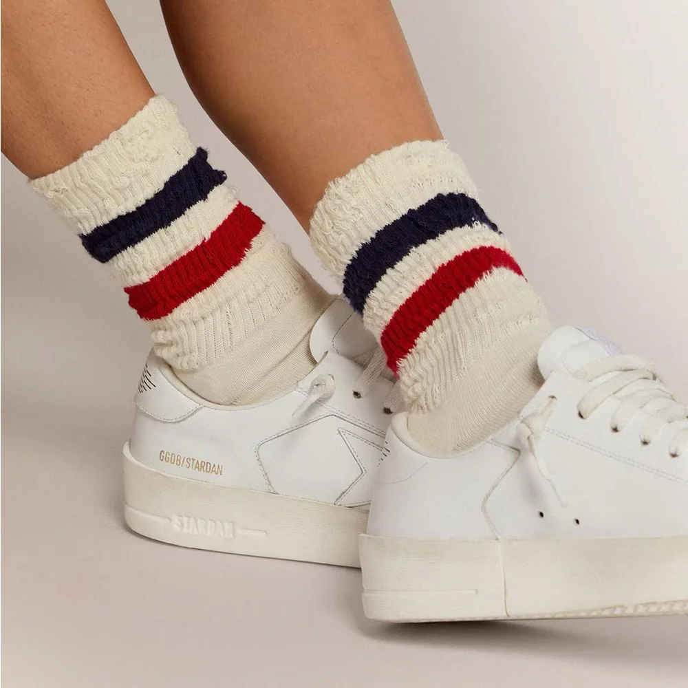 Golden Goose Cream Socks with Red and Blue Stripes - Picture 1 of 5